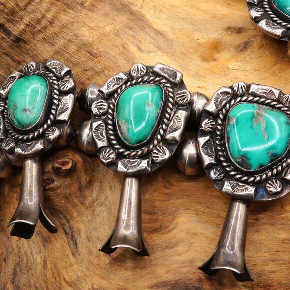 Unique Vintage Native Navajo Turquoise Squash Blossom Ornate Silver Necklace 27" - Picture 12 of 13